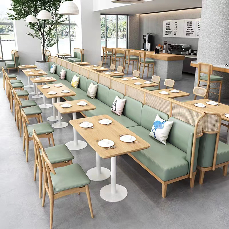 Nordic Style Modern Foshan Wholesale Table and Chair Set Solid Wood/Wooden Leather Restaurant Sofa Booth Furniture for Cafe Coffee Shop