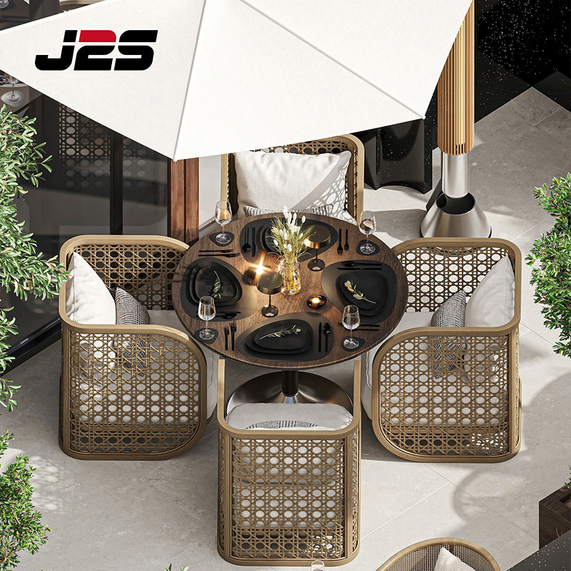 J2s Modern Outdoor Restaurant Furniture Set with Rattan Dining Chairs Round Wooden Table and Upholstered Curved Booth Seating for Hotel Cafe