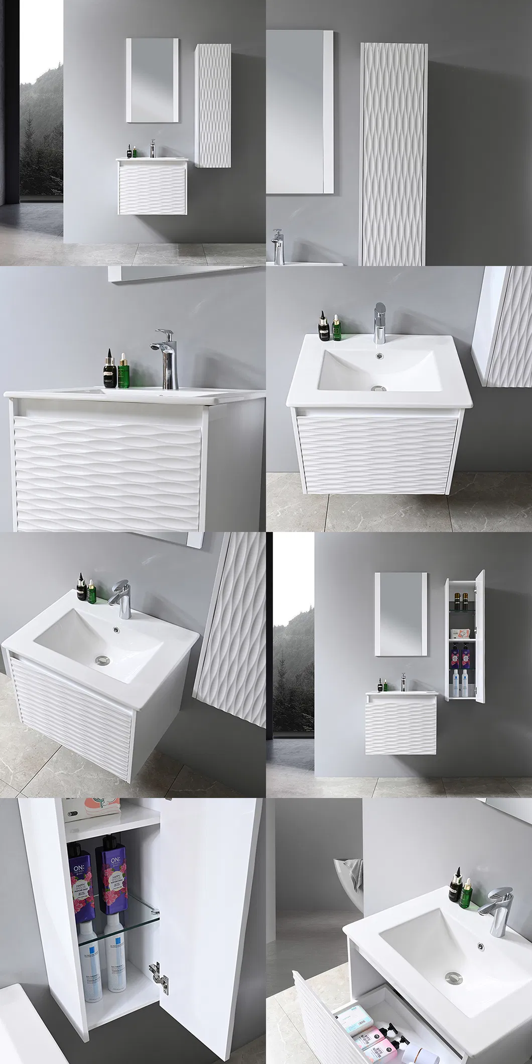 White Wholesale Modern PVC Wall Bathroom Mirror Ceramic Wash Basin Sink Vanity Detailed Display