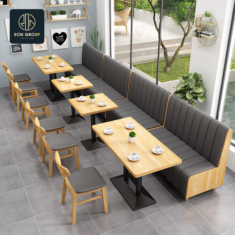 Modern Luxury Hotel Cafeteria Square Wooden Commercial Cafe Tables and Chais Leather Velvet Sofa Booth Seating Restaurant Furniture for Restaurant Coffee Shop