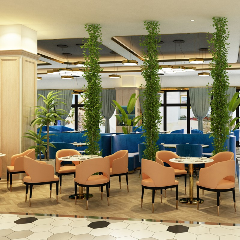Light Luxury Instagrammable Foshan Blue Leather Seat Booth Sofa Set Restaurant Table Chair Furniture for Cafe Coffee Shop Bistro Hotel