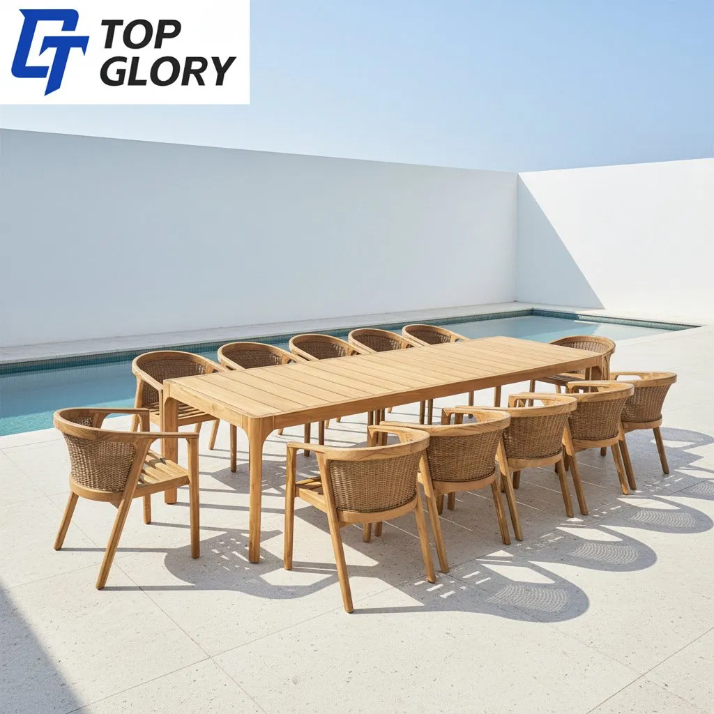 Tg Customized Solid Teak Wooden or Aluminum Weather Resistant Outdoor Dining Set Gardens Foshan Patio Furniture for 6-12 Hotel Villa Park Courtyard