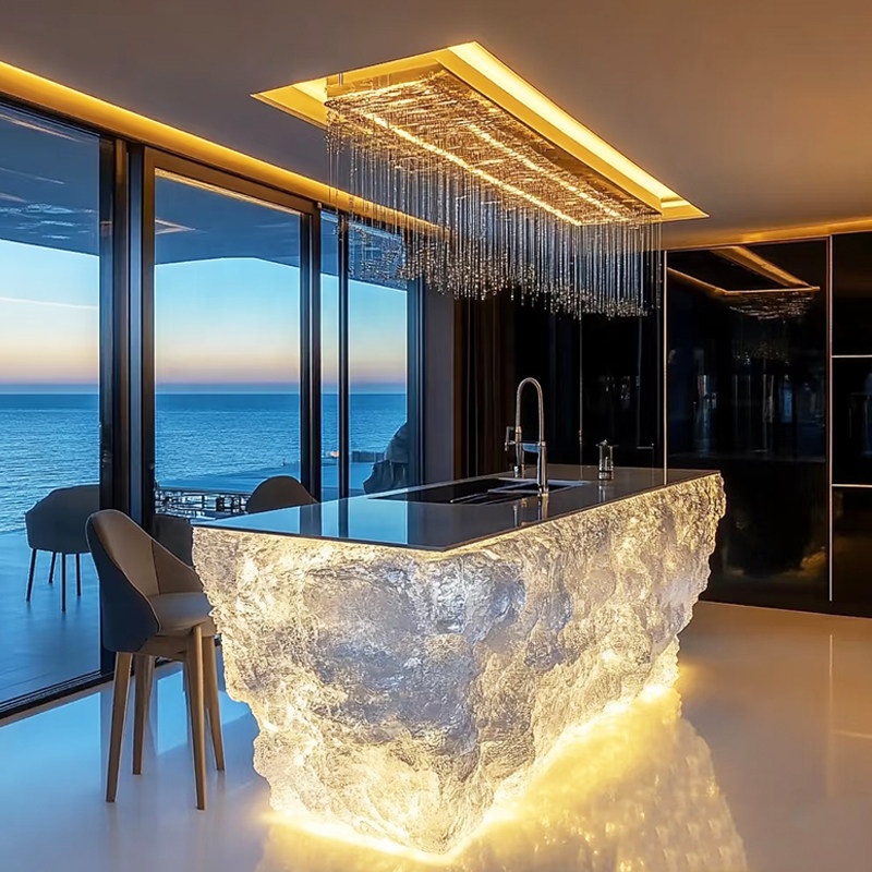 Transparent Resin Luminous Crystal Island Table Light Luxury High-End Glacier Art Bar Table For Home And Clubs