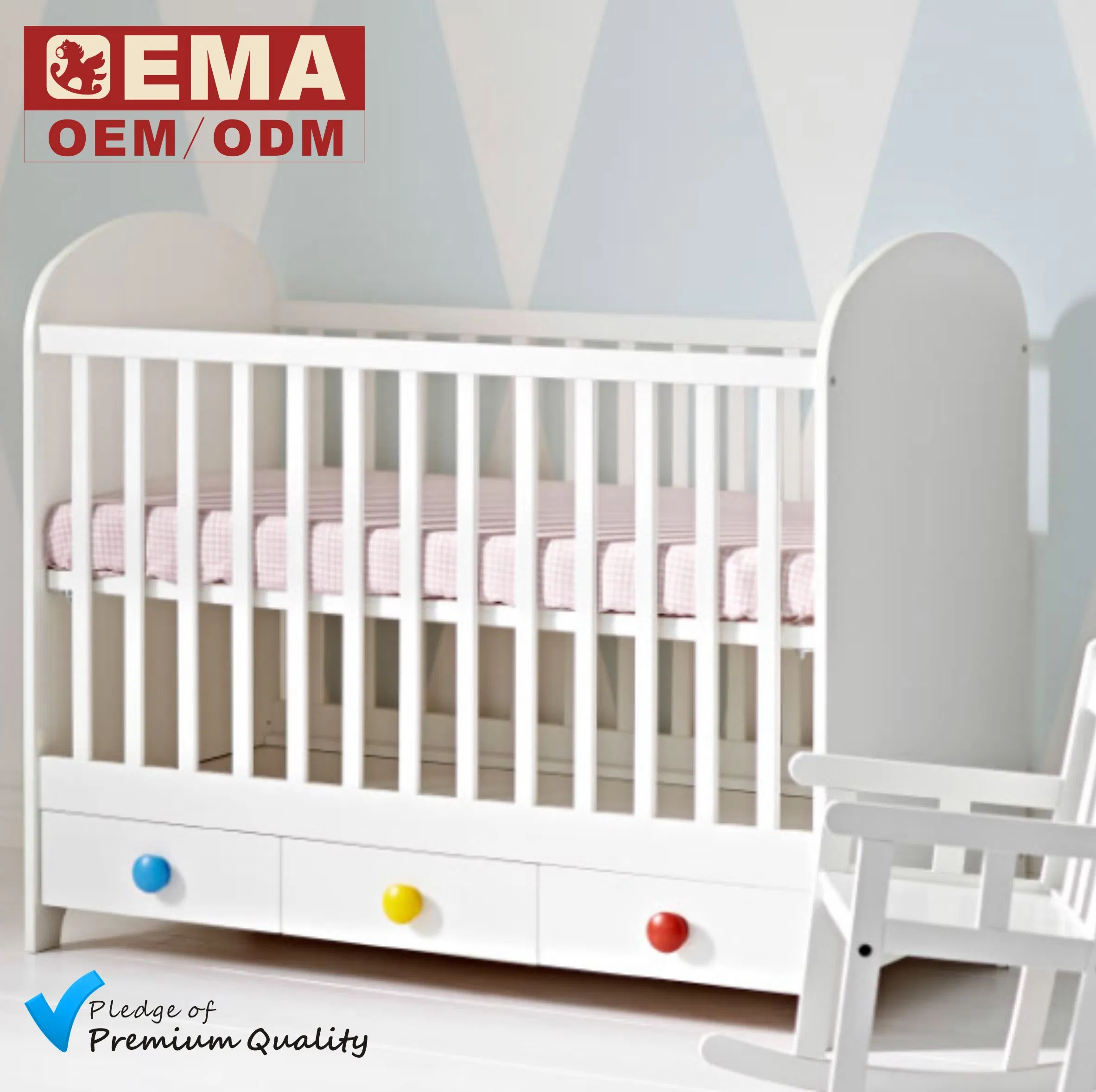 EMA Anti-Fall Adjustable Wooden Kids Bed Toddler Cot Baby Crib for Preschool Kindergarten Daycare Nursery Bedroom Furniture with Barriers Rails