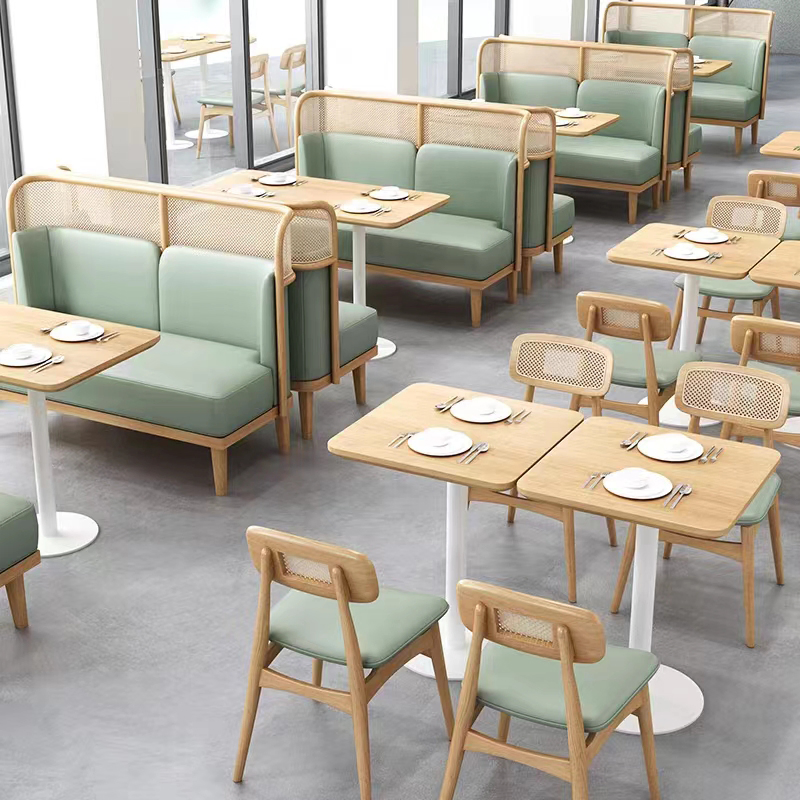 Nordic Style Modern Foshan Wholesale Table and Chair Set Solid Wood/Wooden Leather Restaurant Sofa Booth Furniture for Cafe Coffee Shop