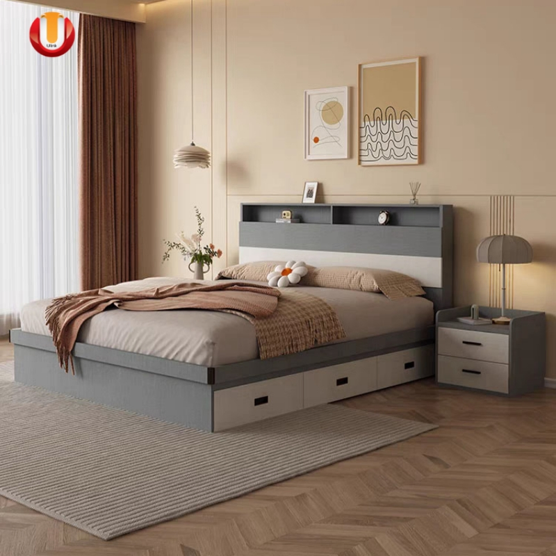 Bedroom Furniture Double King Beds Nightstand Side Drawer Cabinet Adjustable Folding Genuine Leather Wall Bed Set