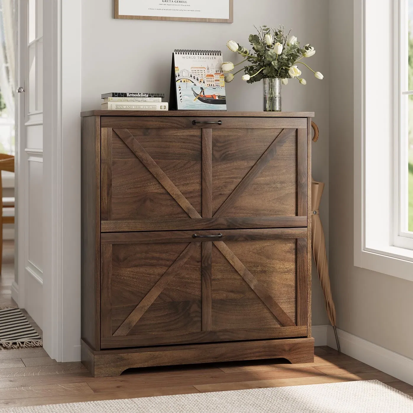 Space-Saving Weathered Gray Barn Door Double-Door Farmhouse Storage Cabinet for Hallway Entryway