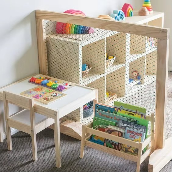 EMA Montessori Wooden Kids Storage Cabinet for Kindergarten Preschool Nursery Daycare Childcare Furniture with Multiple Compartments Plastic Box