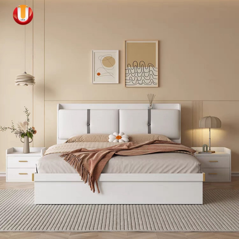 Bedroom Furniture Double King Beds Nightstand Side Drawer Cabinet Adjustable Folding Genuine Leather Wall Bed Set
