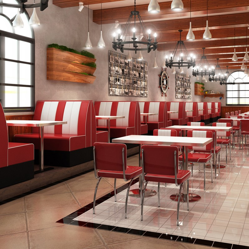 Retro 1950s Style Luxury Wholesale Metal Table Chair Set Red Leather Restaurant Booth Sofa Furniture for Cafe Dining Coffee Shop