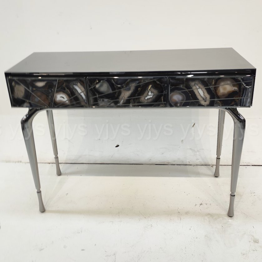 Natural Agate Inlay Stainless Steel Console Table, Luxury Italian Light Luxury Entryway Table, Decorative Hallway Sideboard for Villa &amp; Apartment