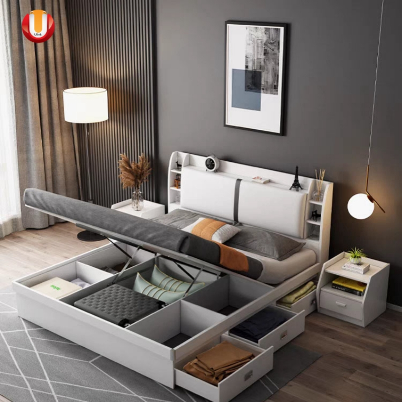 Bedroom Furniture Double King Beds Nightstand Side Drawer Cabinet Adjustable Folding Genuine Leather Wall Bed Set