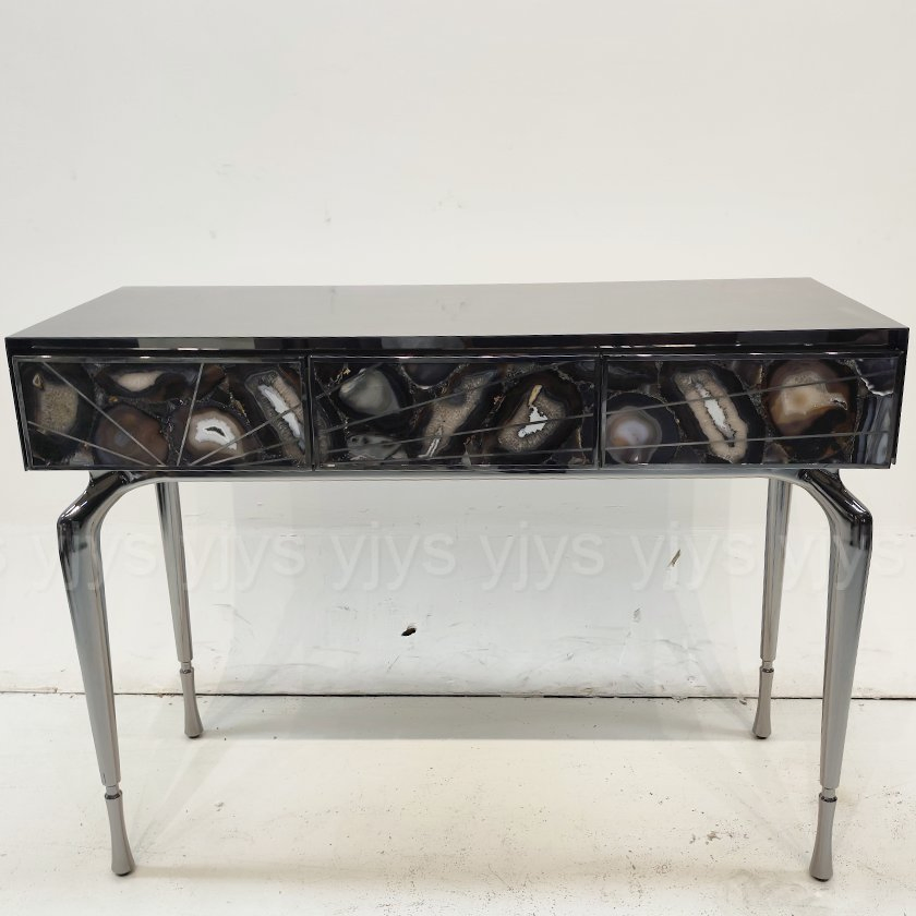 Natural Agate Inlay Stainless Steel Console Table, Luxury Italian Light Luxury Entryway Table, Decorative Hallway Sideboard for Villa &amp; Apartment