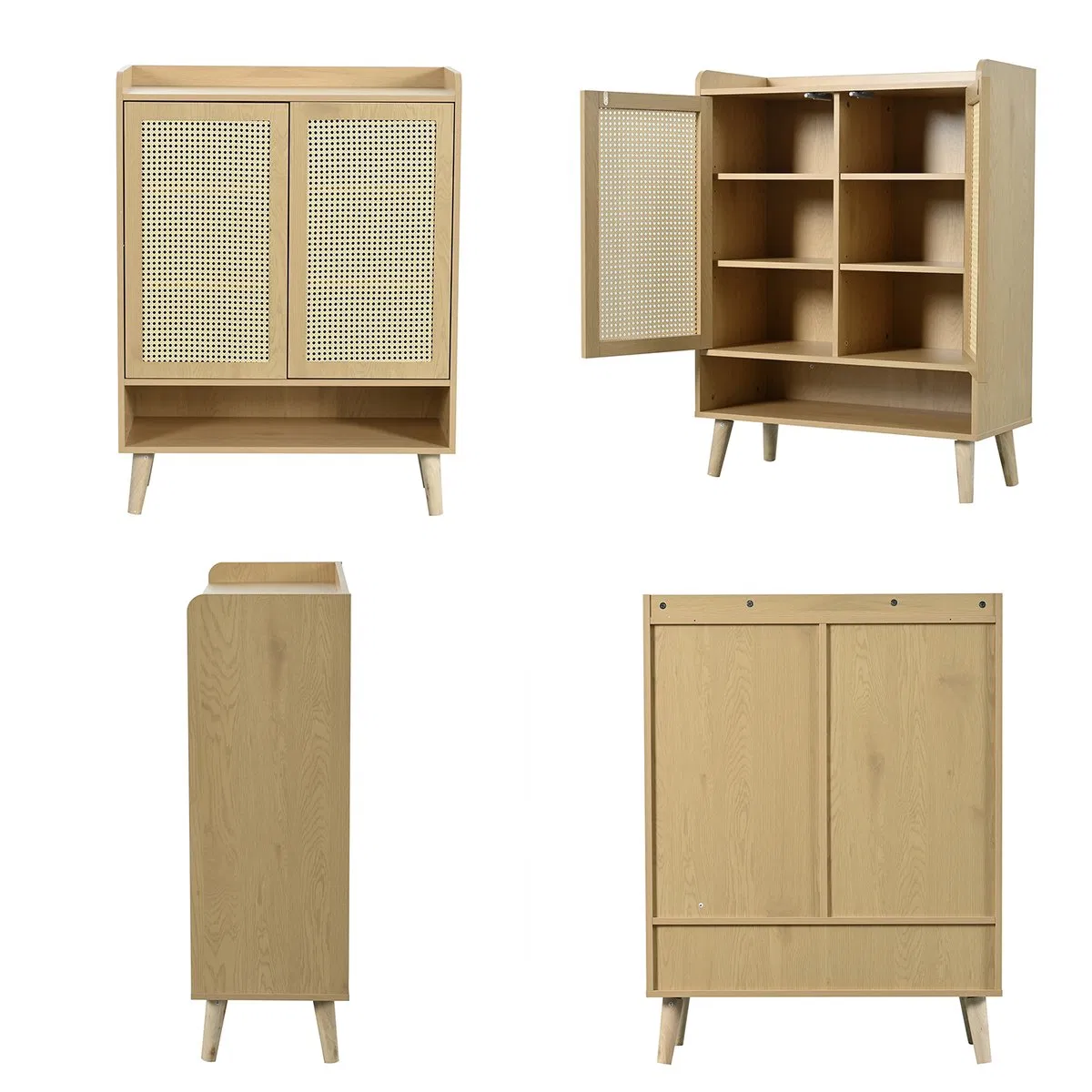 Nordic Entryway Solid Wood Storage Shoe Cabinet with Rattan Grid for Hallway
