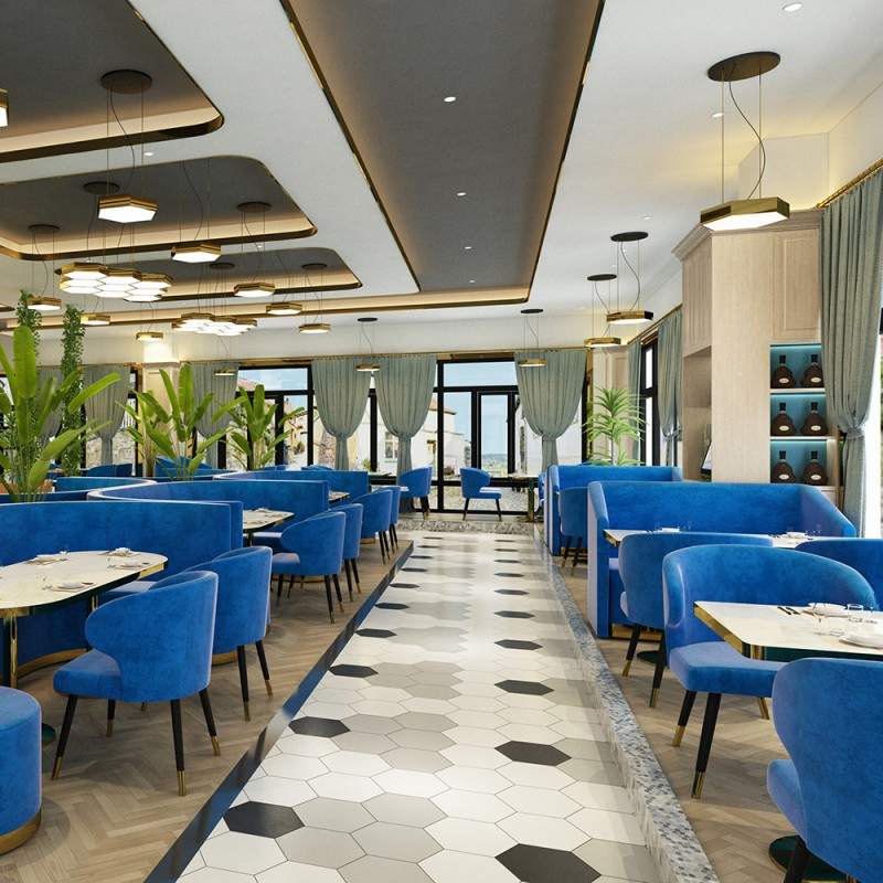 Light Luxury Instagrammable Foshan Blue Leather Seat Booth Sofa Set Restaurant Table Chair Furniture for Cafe Coffee Shop Bistro Hotel