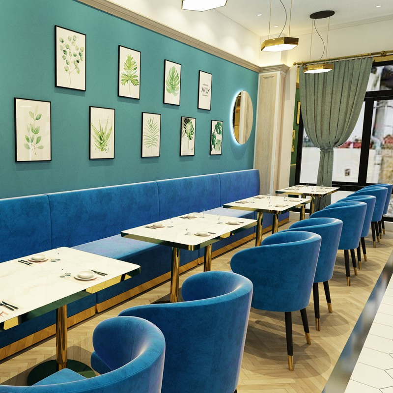 Light Luxury Instagrammable Foshan Blue Leather Seat Booth Sofa Set Restaurant Table Chair Furniture for Cafe Coffee Shop Bistro Hotel