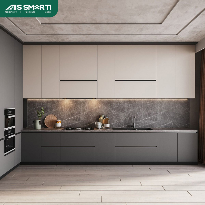 AIS 2025 Modural Commercial High Wood Color Gloss Solid Wood Veneer Kitchen Cabinet Set Custom Kitchen Furniture with Island