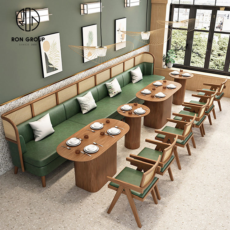 Modern Nordic Eco-Friendly Commercial Cafe Coffee Bar Wood Table Rattan Chair Leather Sofa Customized Restaurant Furniture