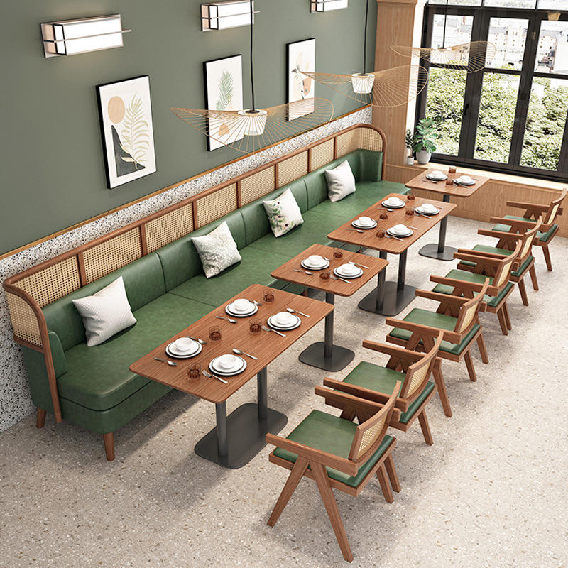Modern Nordic Eco-Friendly Commercial Cafe Coffee Bar Wood Table Rattan Chair Leather Sofa Customized Restaurant Furniture