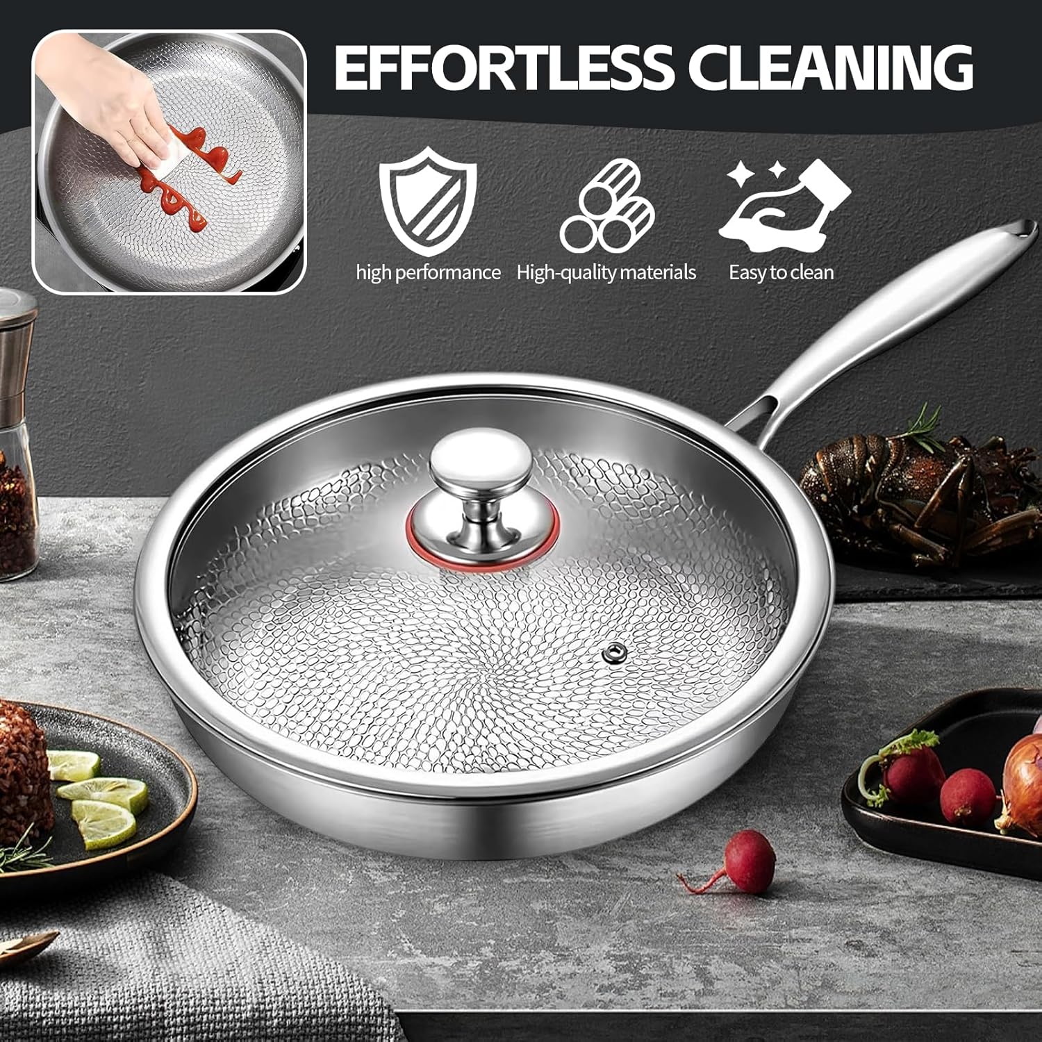 20/24/26/28cm Cooking Frying Pan Non-stick Triply TitaniumPan No Coating Hammer Pattern Titanium Pan with Lid