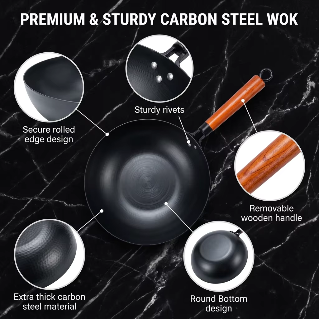 32cm 4.5L Carbon Steel 2.3mm Nitriding Interior Exterior Non-stick Bakelite Handle Gas Induction Eco-Friendly RoHS Wok Pan