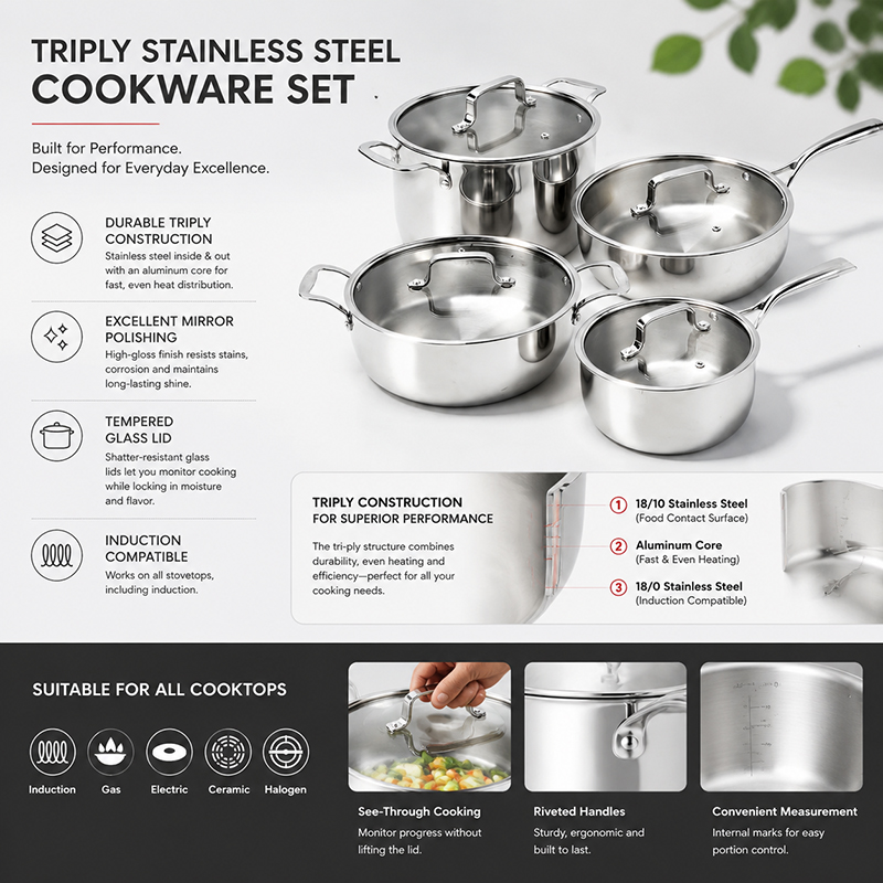 TIANXING Dishwasher &amp; Oven Safe Germany Cookware Sets Triply Stainless Steel Casserole Set Luxury Pots for Cooking High Quality