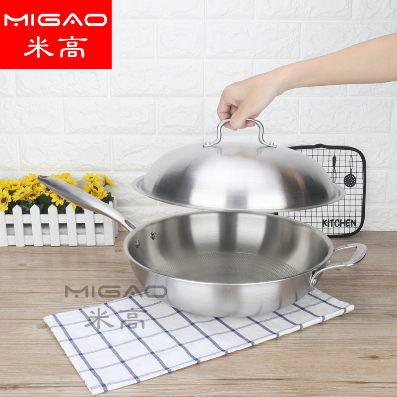304 Stainless Steel Wok With Lid Thickened Non-Stick Stir Fry Pan For Cooking