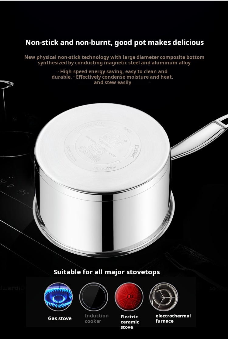 18cm Stainless Steel Modern Saucepan Induction Compatible Milk Pot with Non-stick Composite Bottom Eco-Friendly Durable Cookware