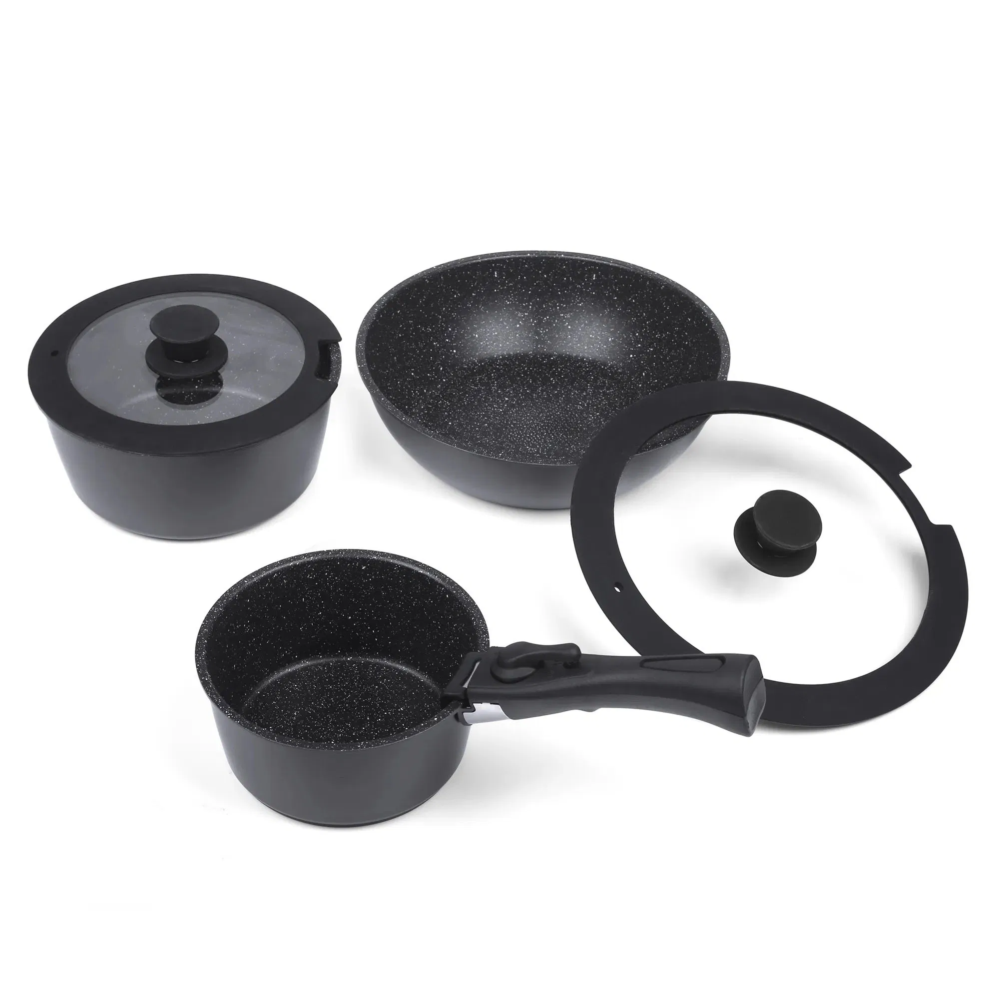 Wholesale New Design Forged Aluminum Cookware Set with Removable Handle Silicone Lid Nonstick Fry Pan for Soup Ceramic Metal