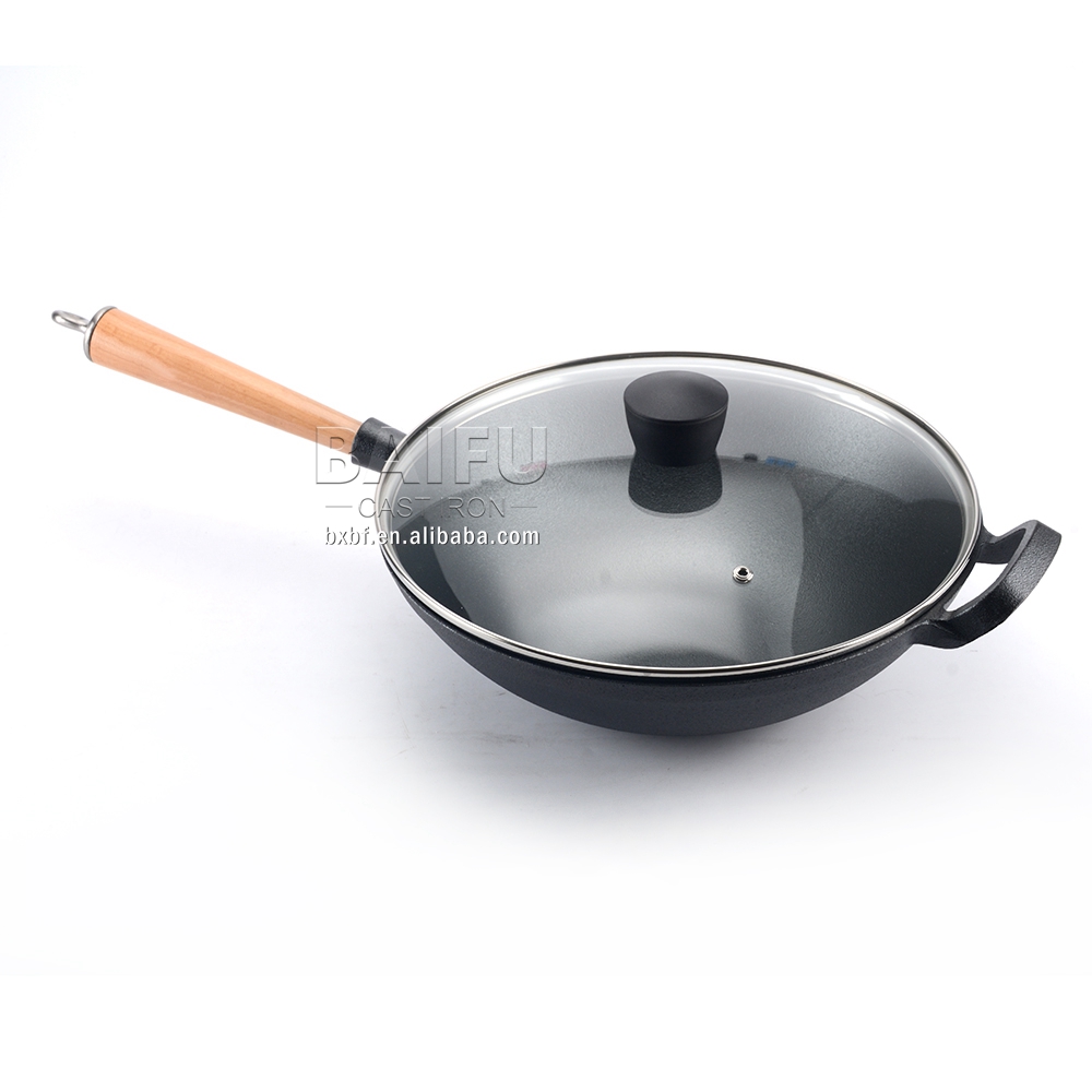 12" Wok with Helper Handle Large Wok Stir Fry Pan Flat Bottom with Wood Handle and Lid Cast Iron Wok Pan