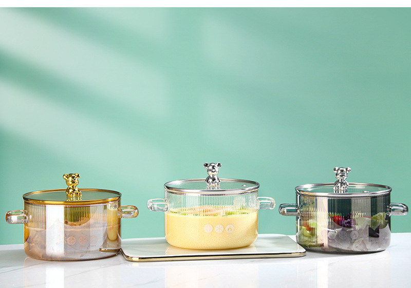 1.5L High Quality Bear Kitchen Heat Resistant High Borosilicate clear Glass Cooking Pot