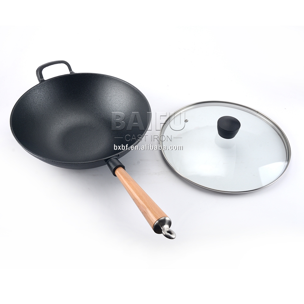 12" Wok with Helper Handle Large Wok Stir Fry Pan Flat Bottom with Wood Handle and Lid Cast Iron Wok Pan