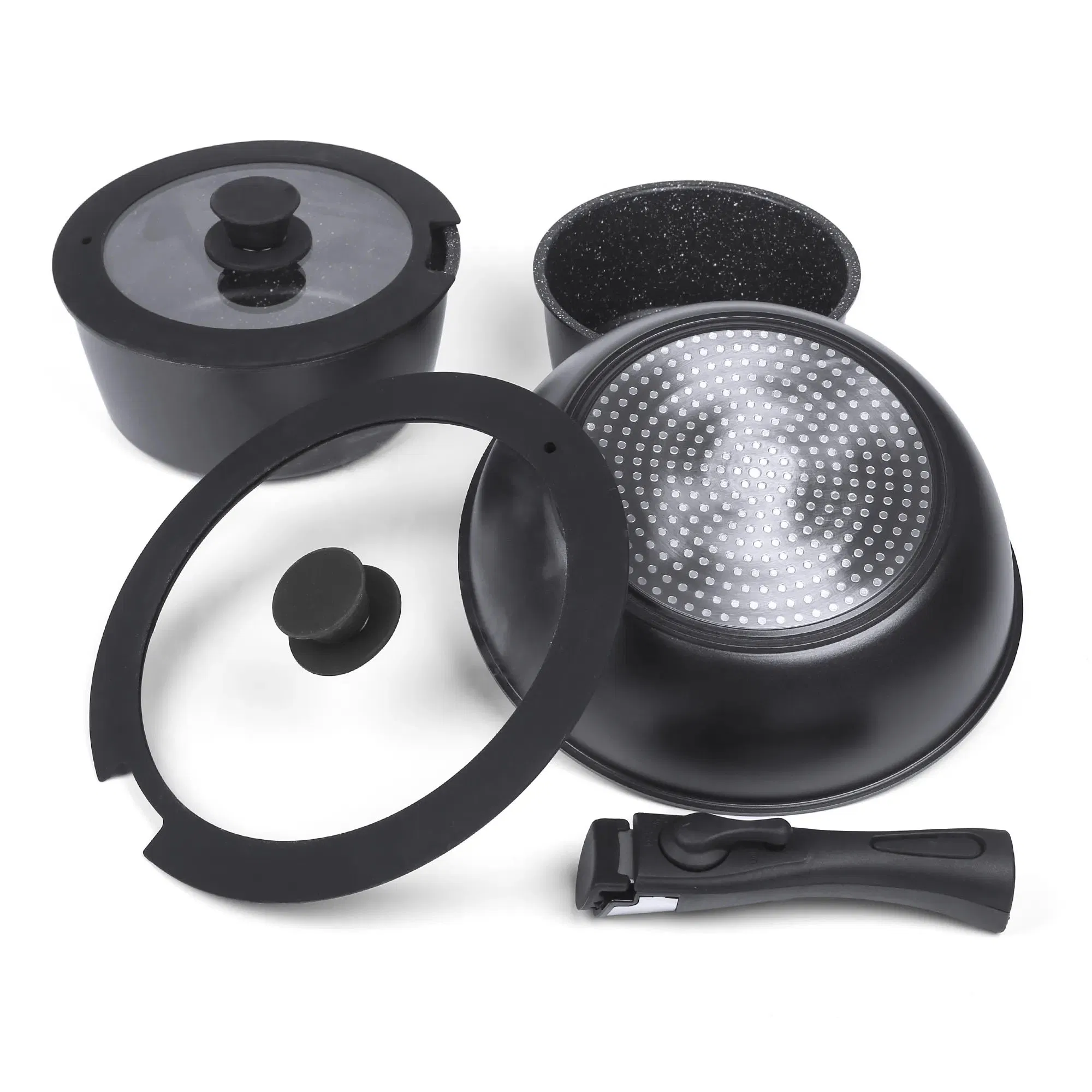 Wholesale New Design Forged Aluminum Cookware Set with Removable Handle Silicone Lid Nonstick Fry Pan for Soup Ceramic Metal