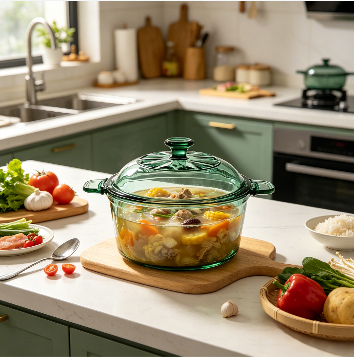 3200ml High Borosilicate Glass Green Colorant Crystal Pot Induction Compatible for Restaurants and Home