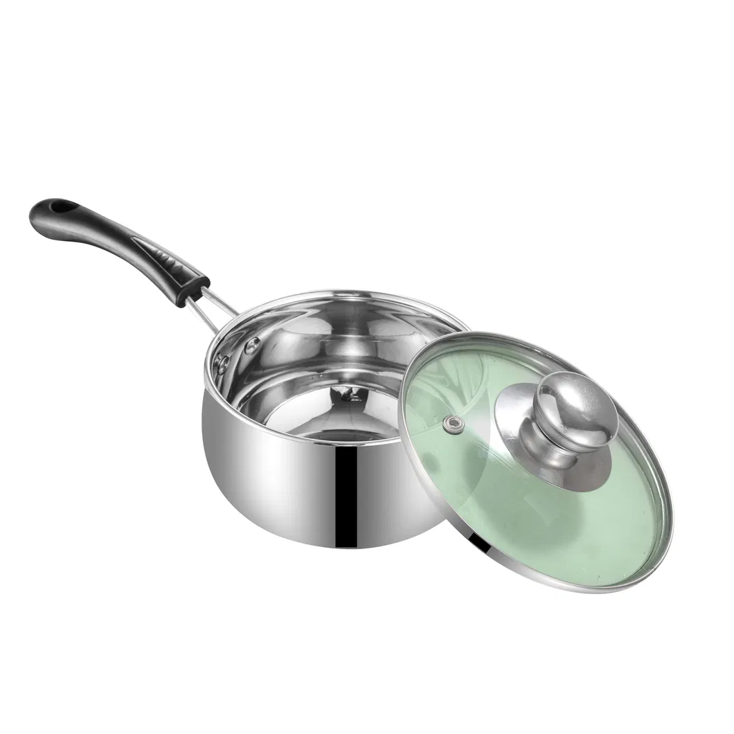 Stainless Steel Milk Boiling Pot Saucepan with Long Bakelite Handle with Green Glass Lid