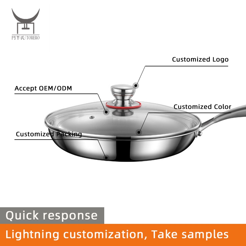 Tri-ply 304 Stainless Steel Non-stick Flat Pan Glass Lid Riveted Ergonomic Handle Stir Frying Steak Pot High Quality