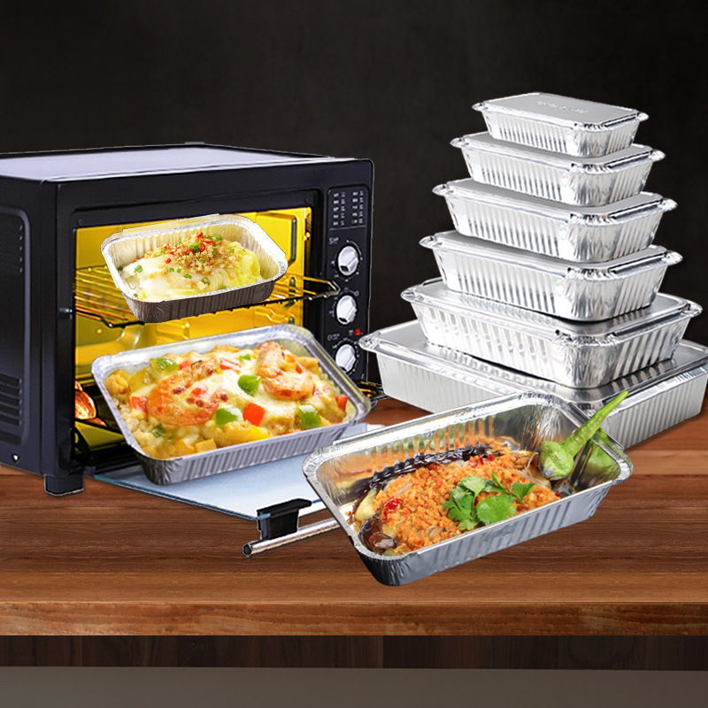 Rectangular Disposable Silver Aluminum Food Grade 710ml Food Container Lid Takeaway Lunch Box Commercial Pan Meat Veggies Meal