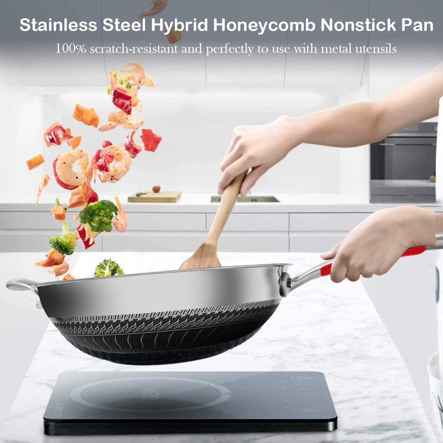 Stainless Steel Nonstick Wok Pan with Lid Honeycomb Design Non-Stick Stir Fry Wok Pans