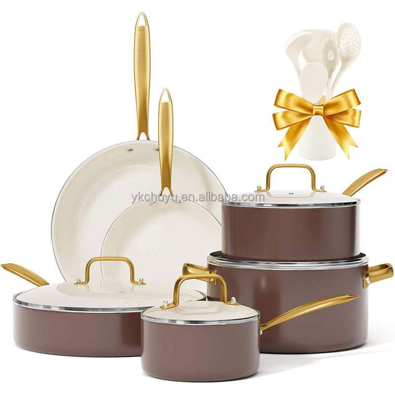 Professional Luxury Green 16pieces Gas German Aluminum Ceramic Non Stick Kitchen Pans Cookware Sets