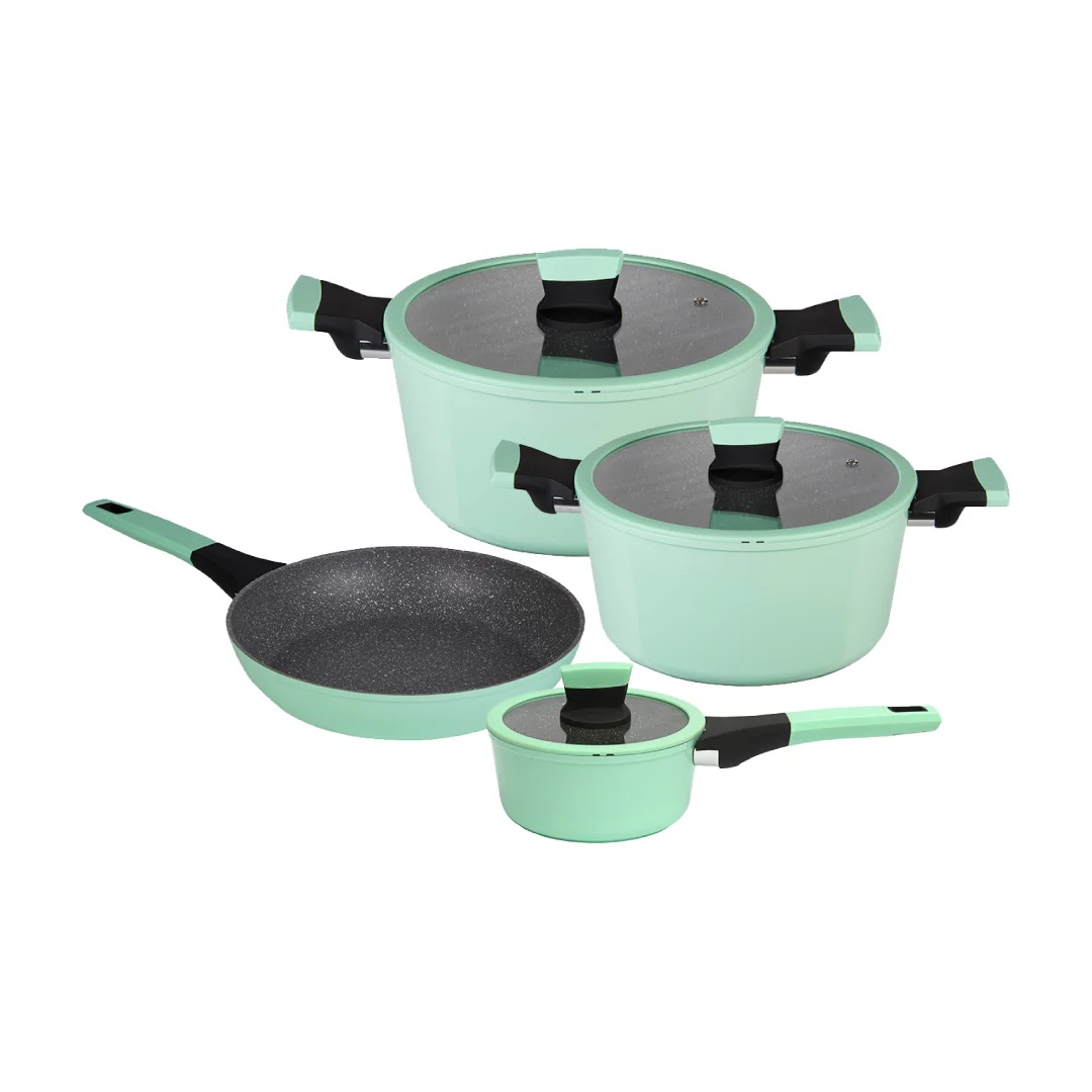 Customized Aluminum Forged 7pcs Healthy Durable Non-Stick Cookware Set with Marble Coating Induction Base Soft Touch Handles
