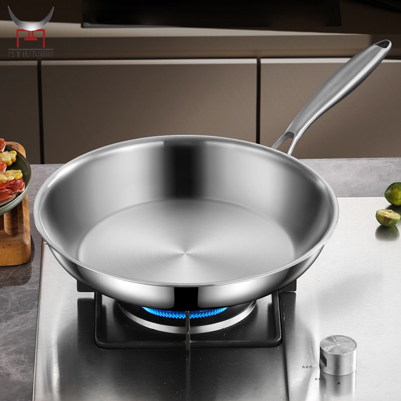 Tri-ply 304 Stainless Steel Non-stick Flat Pan Glass Lid Riveted Ergonomic Handle Stir Frying Steak Pot High Quality