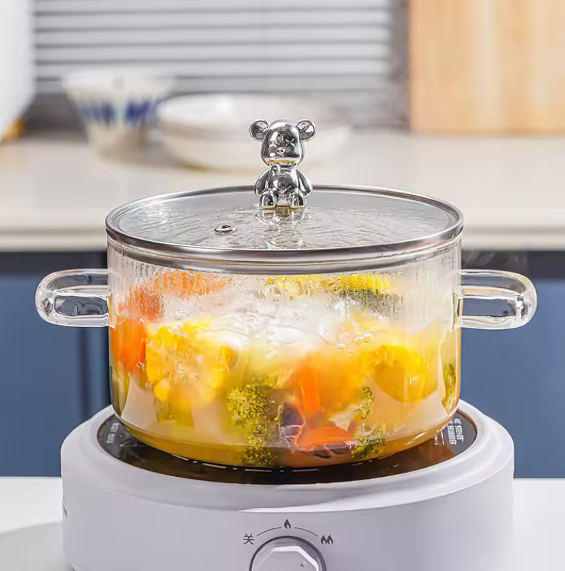 1.5L High Quality Bear Kitchen Heat Resistant High Borosilicate clear Glass Cooking Pot