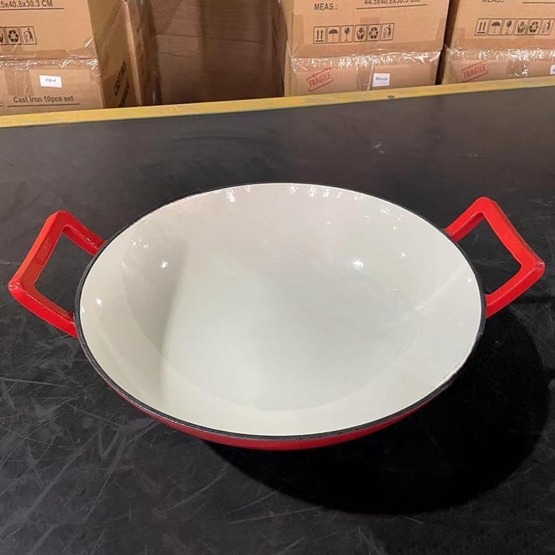36cm Diameter Classic Cast Iron Enameled Frying Pan with Double Handles Stir-fry Wok Gas Cookware
