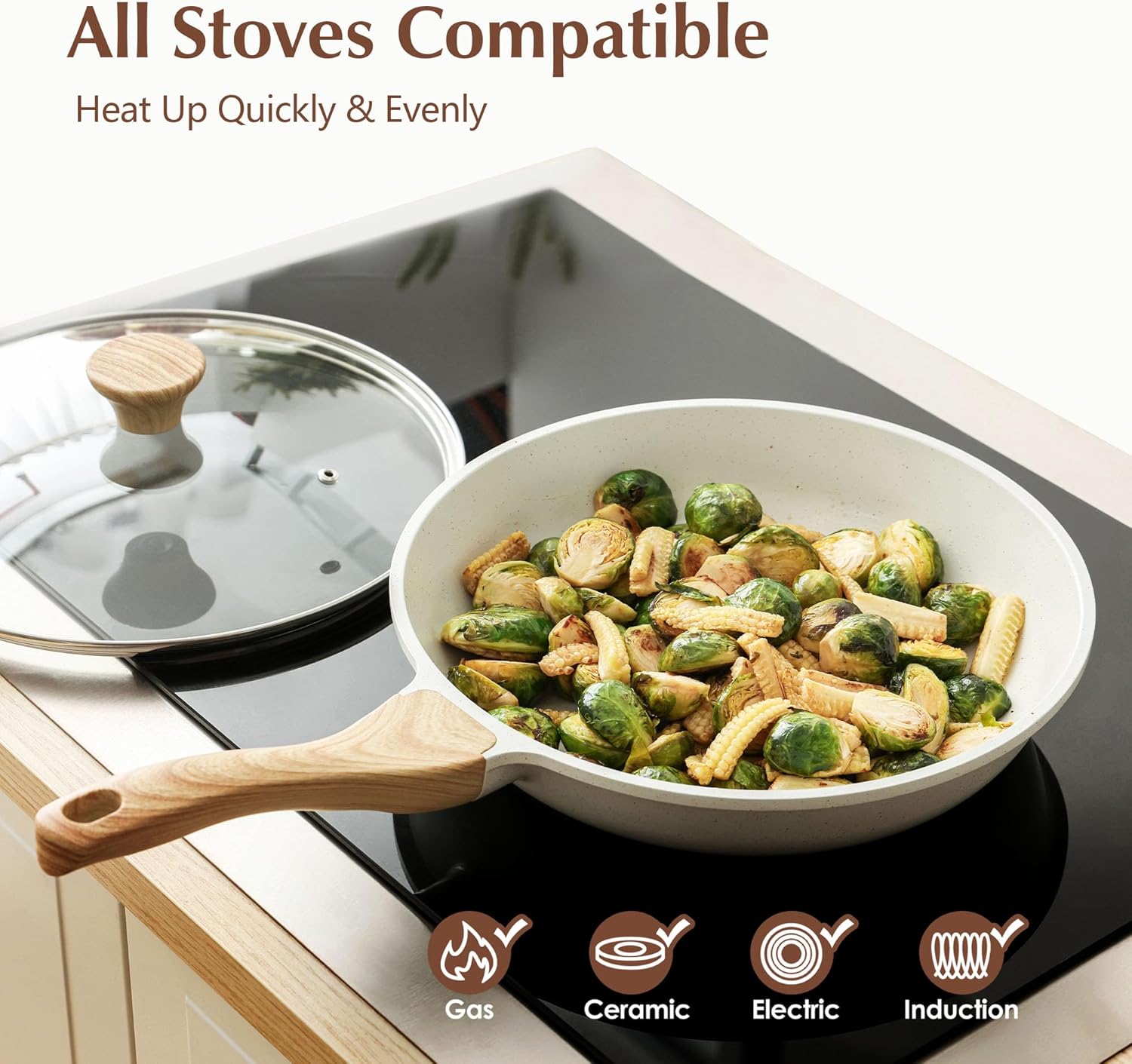 SENSARTE Nonstick Ceramic Frying Pan Skillet Set Glass Lid Induction Compatible Heat Resistant Plastic Handle 8-12.5 Inch Sizes
