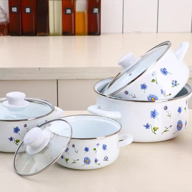 Classic Cast Iron Enamel Cookware Set with Glass Cover Composite Handles Induction Compatible Eco-Friendly for Camping &amp; Parties