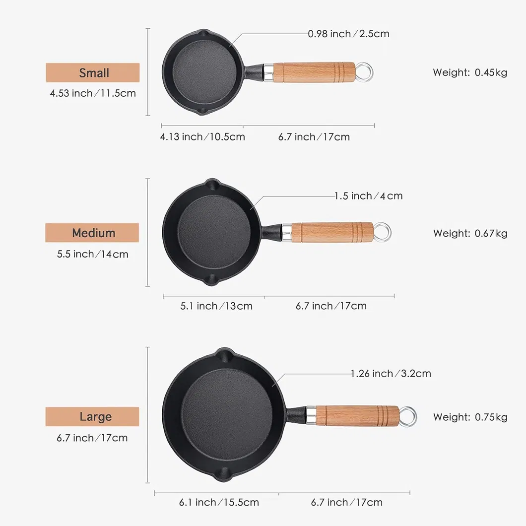 Small Oil Pan Mini Cast Iron Frying Pan Non-Stick Fried Egg Dumpling Pre-Seasoned Saucepan Wooden Handle