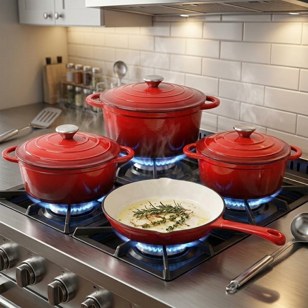 Luxury 7pcs Red Enamel Cast Iron Pot Dutch Oven Set Vibrant Color Multi-functional Kitchen Collection for Slow Cooking