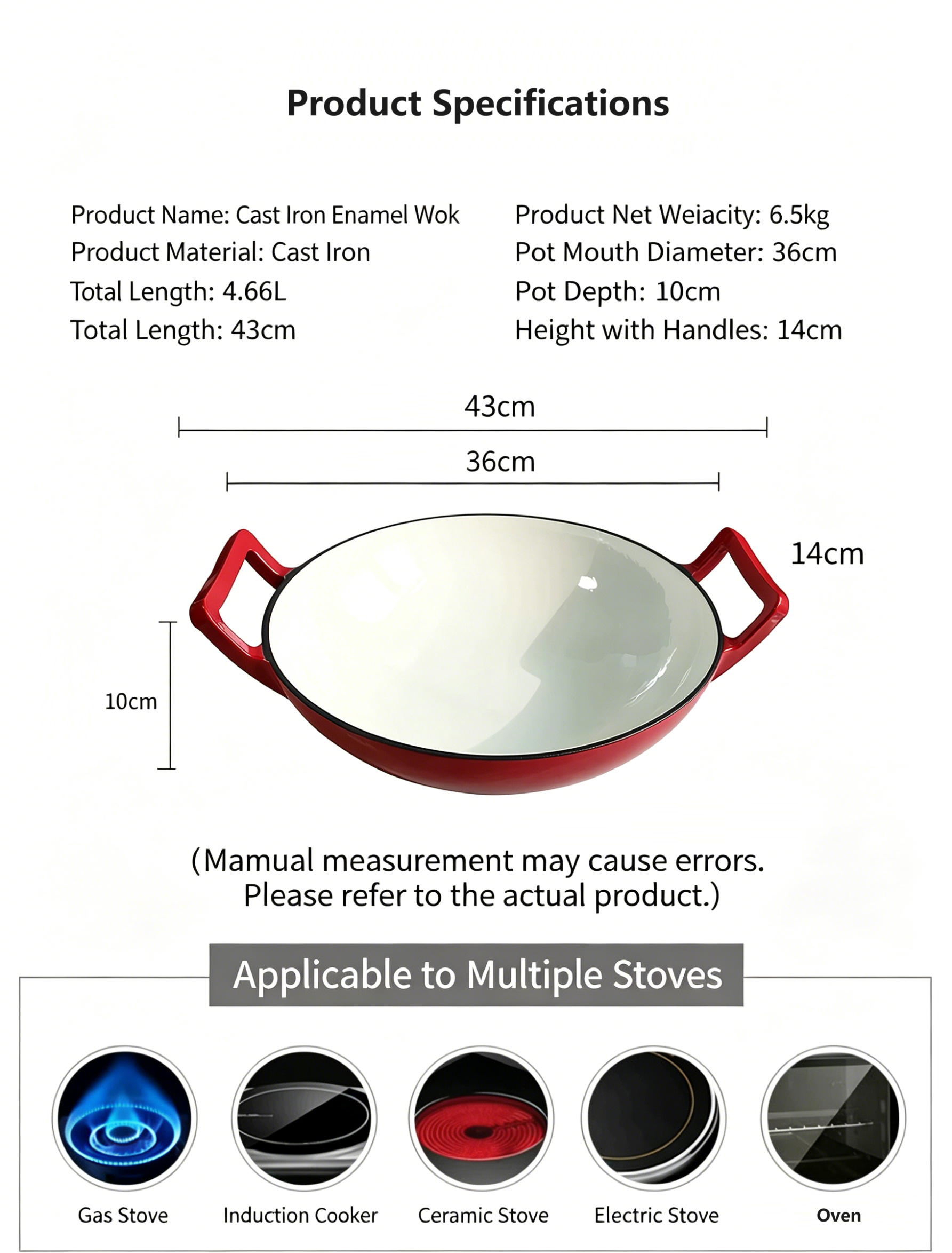 Gloss Red Enamel Cast Iron Wok Double Handle Induction Gas Compatible Chinese Frying Pan