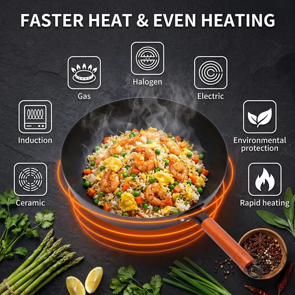 32cm 4.5L Carbon Steel 2.3mm Nitriding Interior Exterior Non-stick Bakelite Handle Gas Induction Eco-Friendly RoHS Wok Pan
