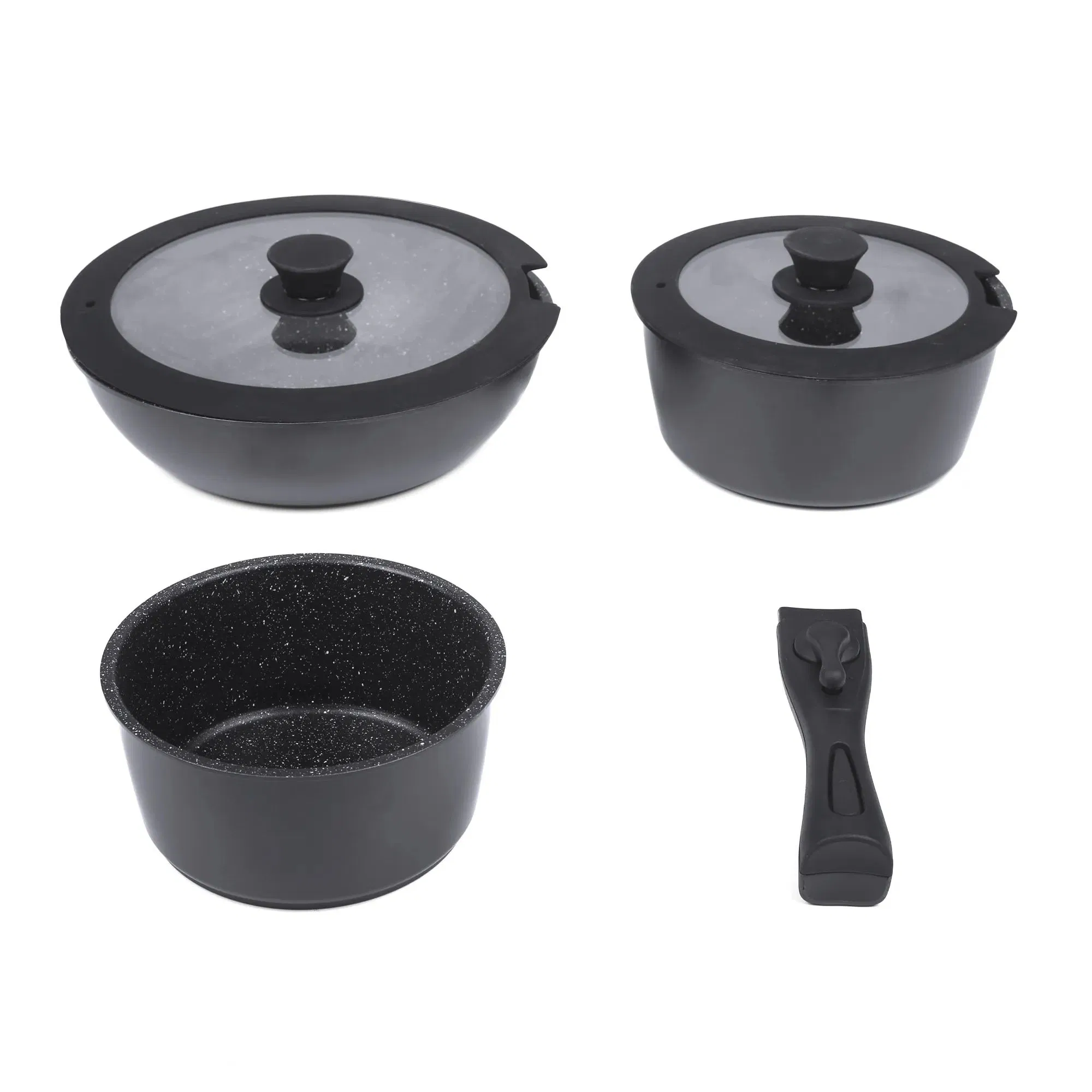 Wholesale New Design Forged Aluminum Cookware Set with Removable Handle Silicone Lid Nonstick Fry Pan for Soup Ceramic Metal